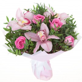 Букет №33 (Розовые розы Ревайвал с розовыми Орхидеями)
