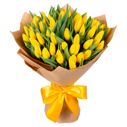 Букет №122 | 51 желтый тюльпан в декоративной упаковке