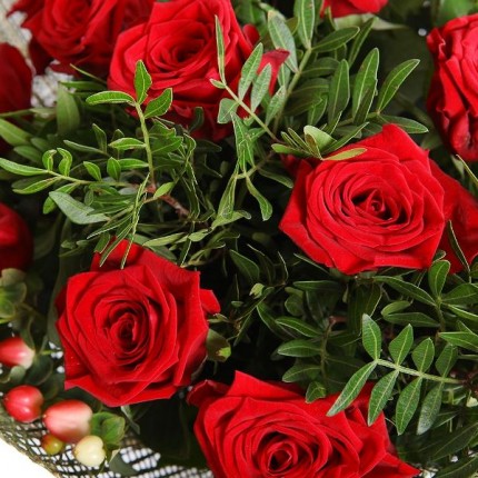 Букет из 19 красных роз Ред Наоми с гиперикумом в упаковке №77