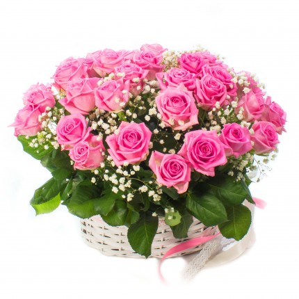 Корзинка с 35 розовыми розами Ревайвал и Гипофилой №32